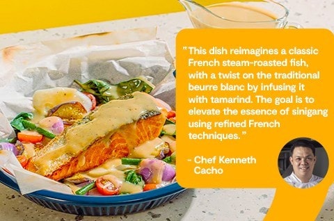 Salmon en Papilotte with Sinigang Vegetables with beurre blanc on the side. Salmon en Papilotte with Sinigang Vegetables with beurre blanc on the side.