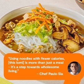 Filipino lomi with shirataki noodles and a side of mushroom chicharon. Filipino lomi with shirataki noodles and a side of mushroom chicharon.