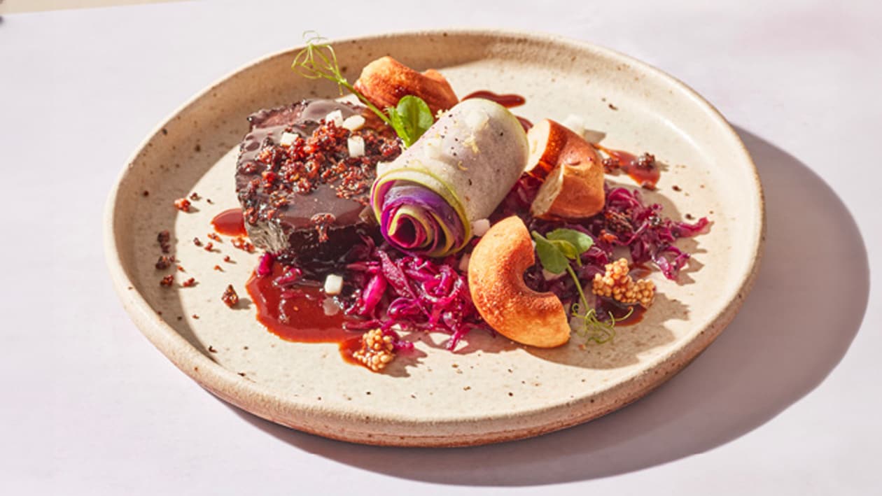 Braised Beef, Red Cabbage Roulade and Potato – - Recipe