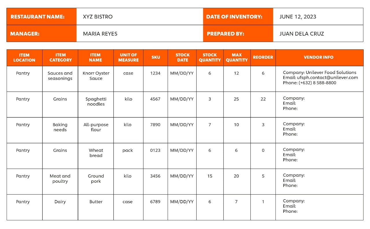 restaurant inventory template